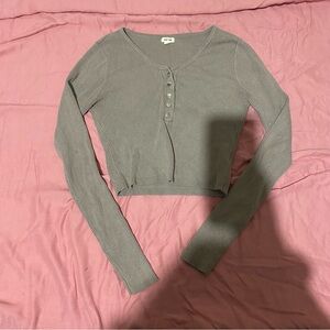 Gray/ beige Ribbed Long Sleeve Button-Up Top